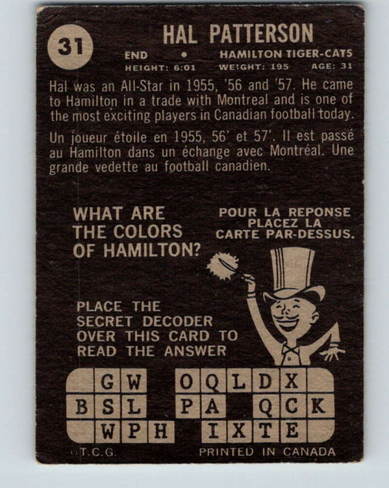 1964 Topps CFL Football #31 Hal Patterson, Hamilton Tiger-cats V32761
