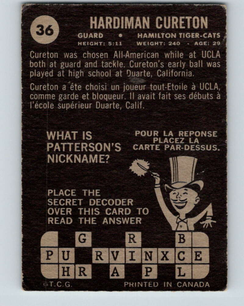 1964 Topps CFL Football #36 Hardiman Cureton, Hamilton Tiger-cats V32762