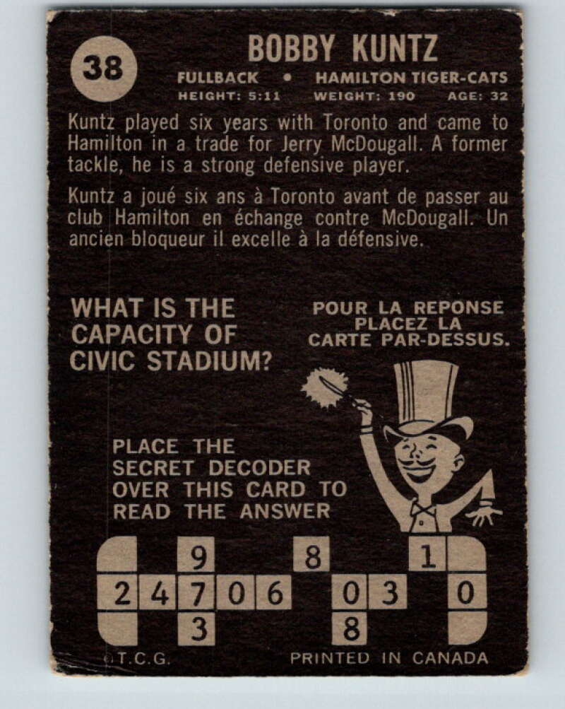 1964 Topps CFL Football #38 Bobby Kuntz, Hamilton Tiger-cats V32763