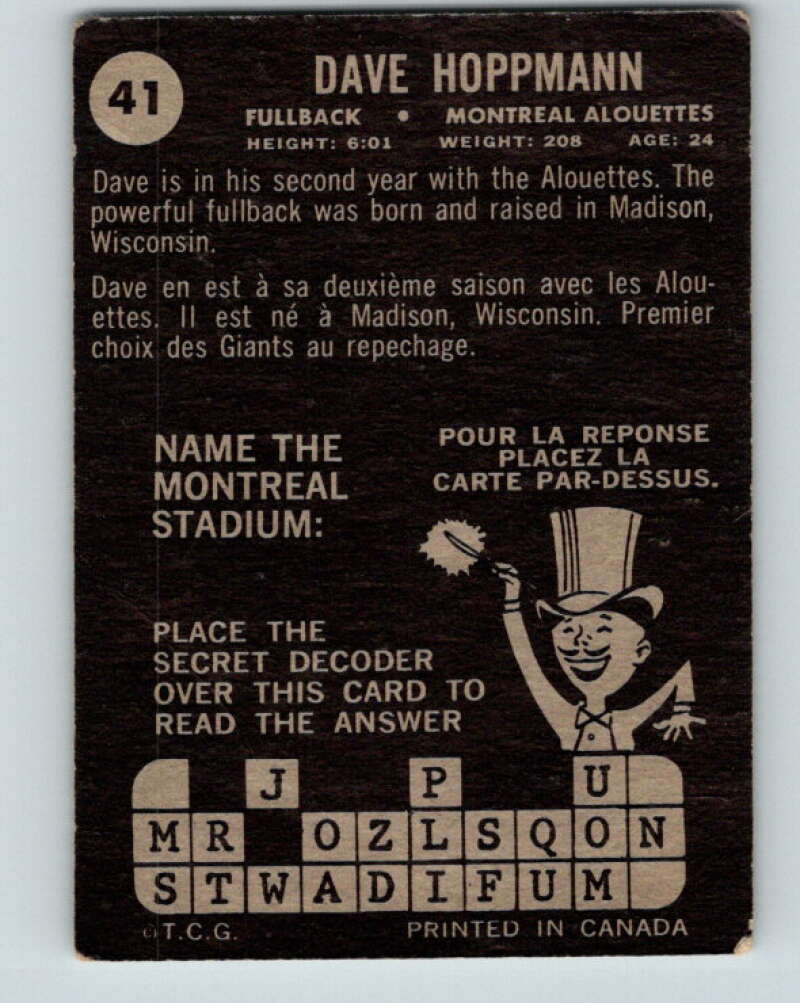 1964 Topps CFL Football #41 Dave Hoppmann, Montreal Alouettes V32764