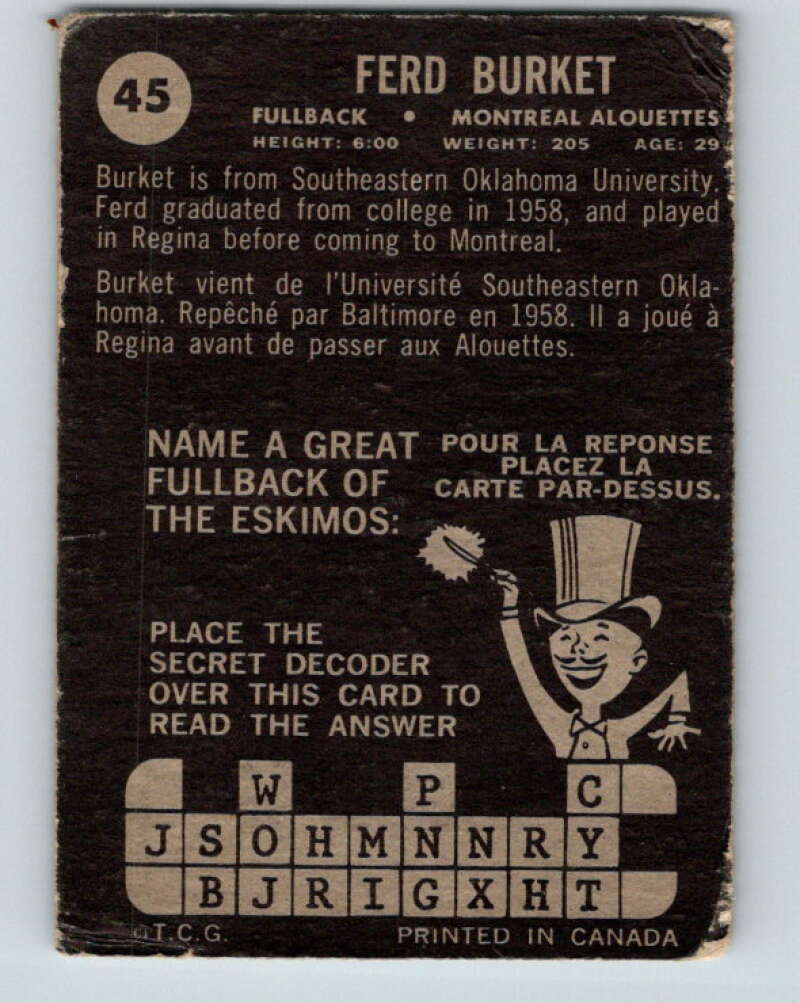 1964 Topps CFL Football #45 Ferd Burket,,Montrea Alouettes V32765