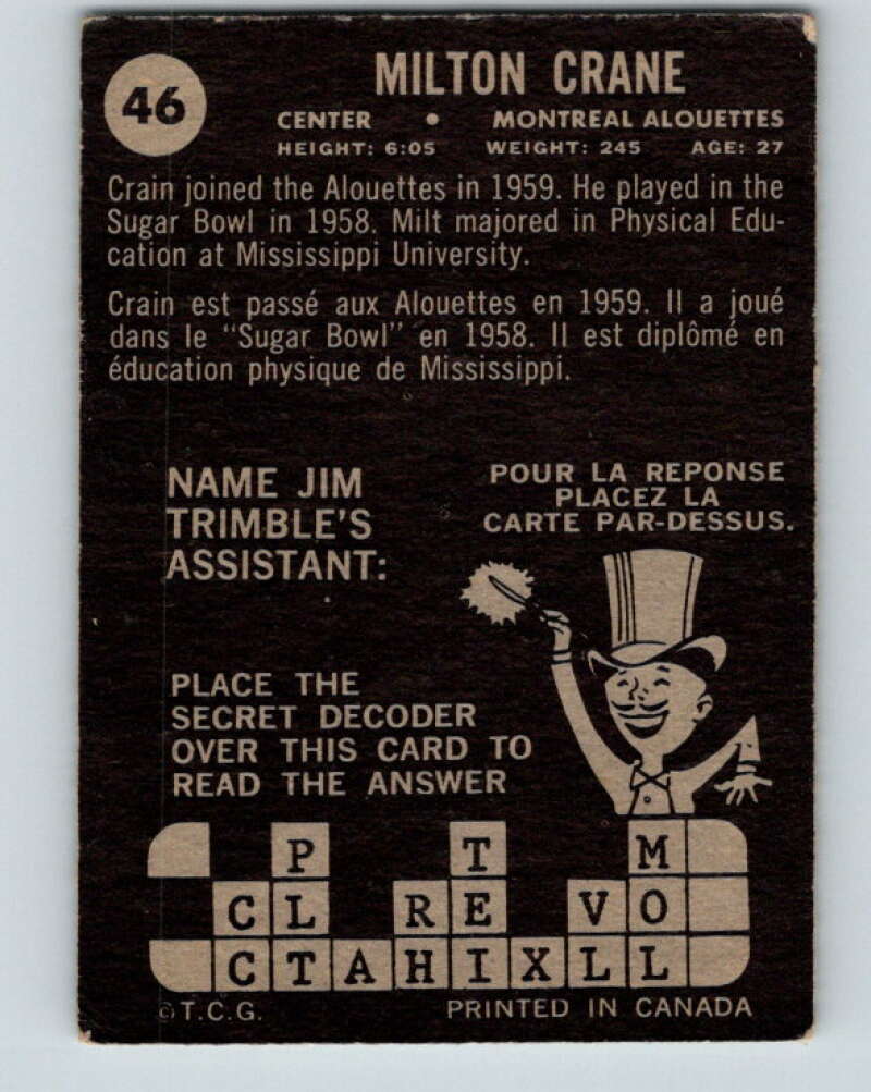 1964 Topps CFL Football #46 Milton Crane, Montreal Alouettes V32766
