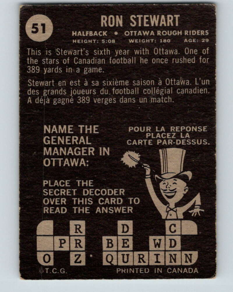 1964 Topps CFL Football #51 Ron Stewart, Ottawa Rough Riders V32767