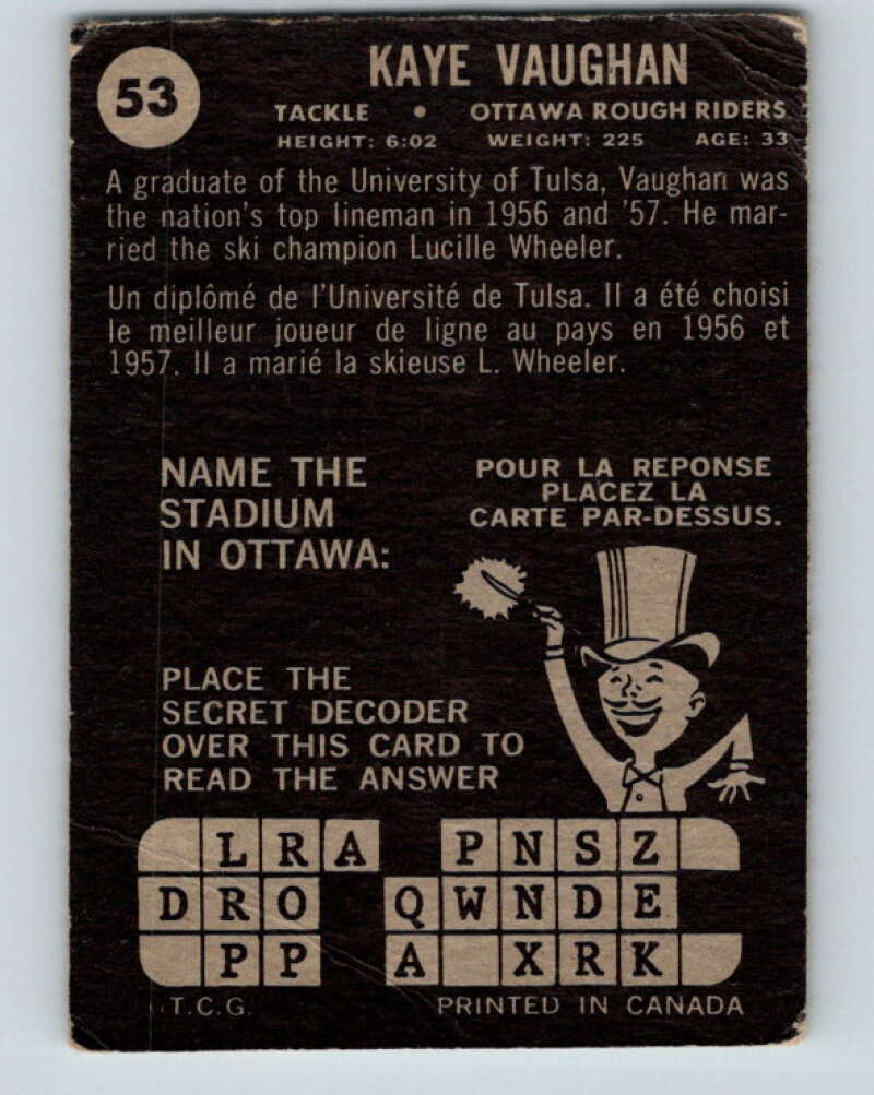 1964 Topps CFL Football #53 Kaye Vaughan, Ottawa Rough Riders V32768