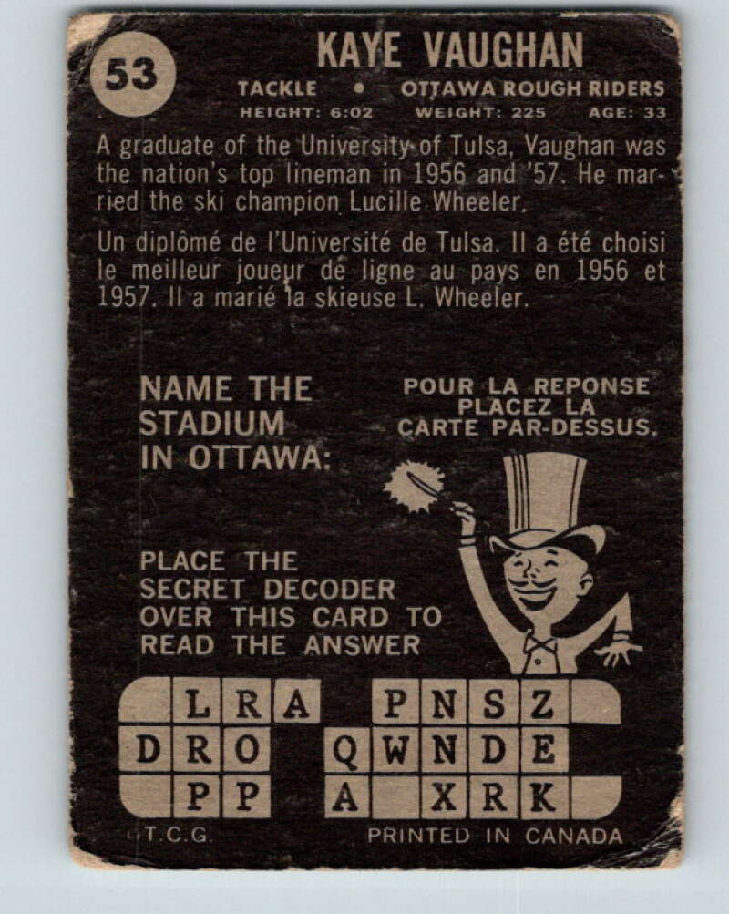 1964 Topps CFL Football #53 Kaye Vaughan, Ottawa Rough Riders V32769