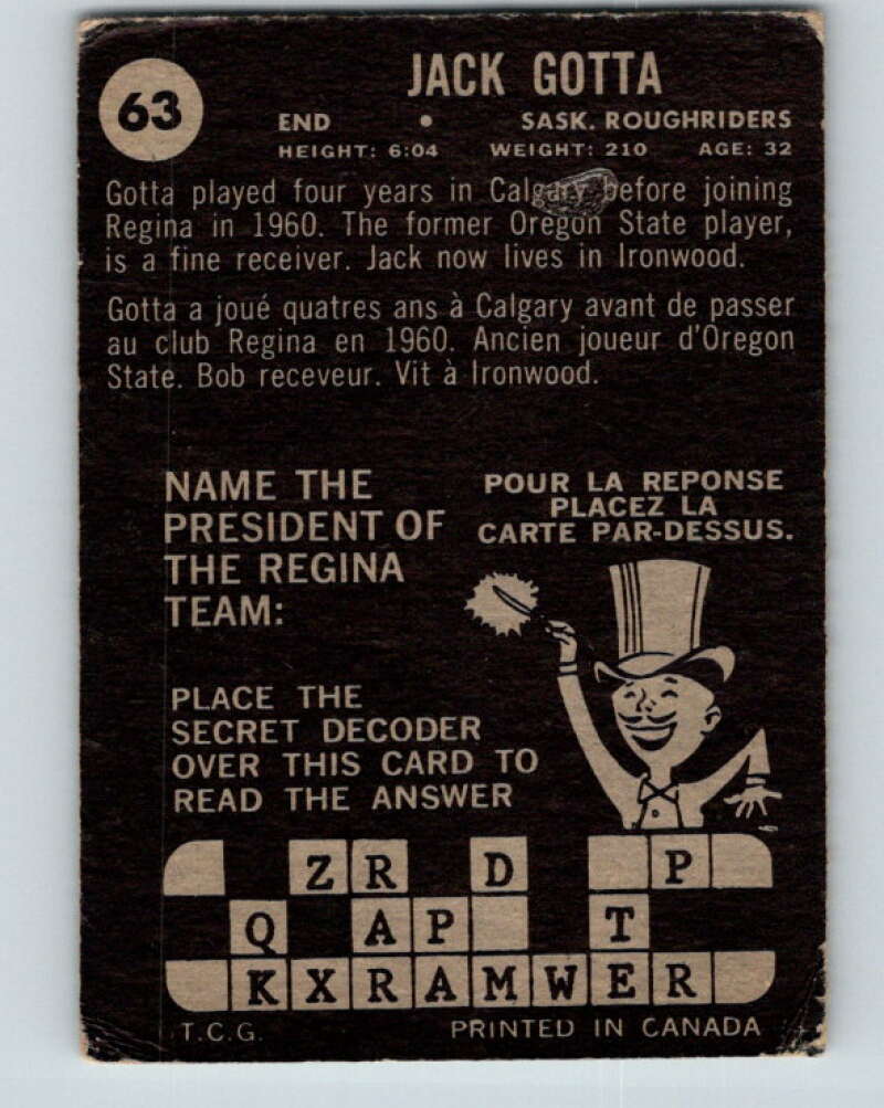 1964 Topps CFL Football #63 Jack Gotta, Sask.Roughriders V32771