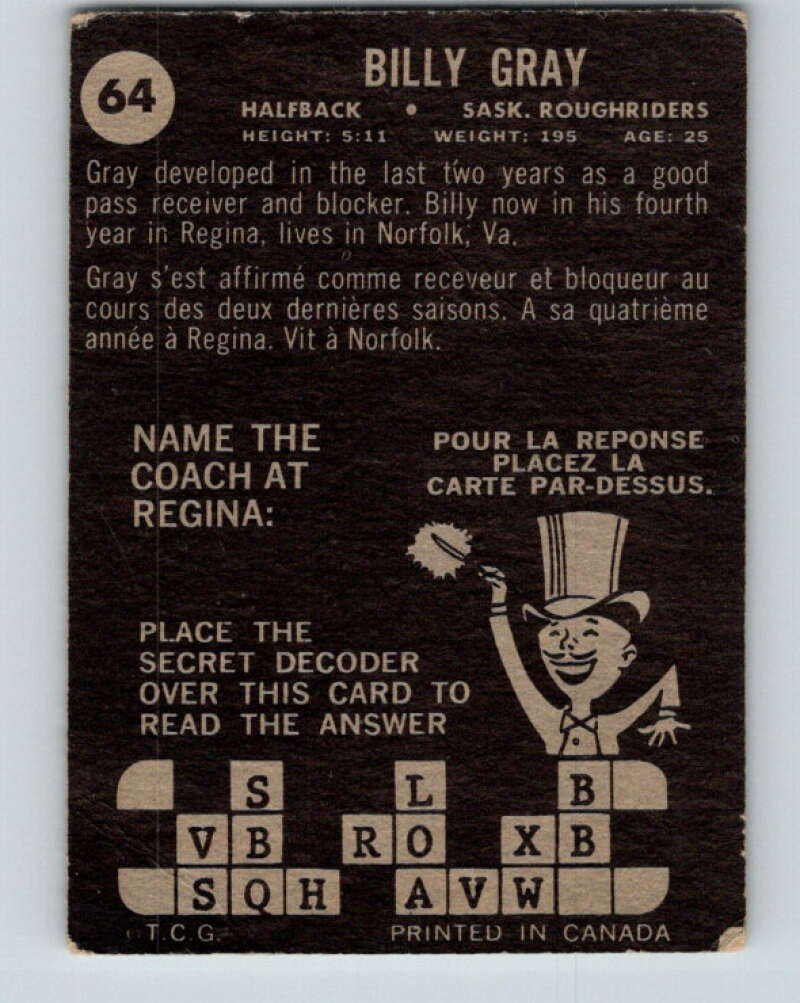 1964 Topps CFL Football #64 Billy Gray, Sask. Roughriders V32772