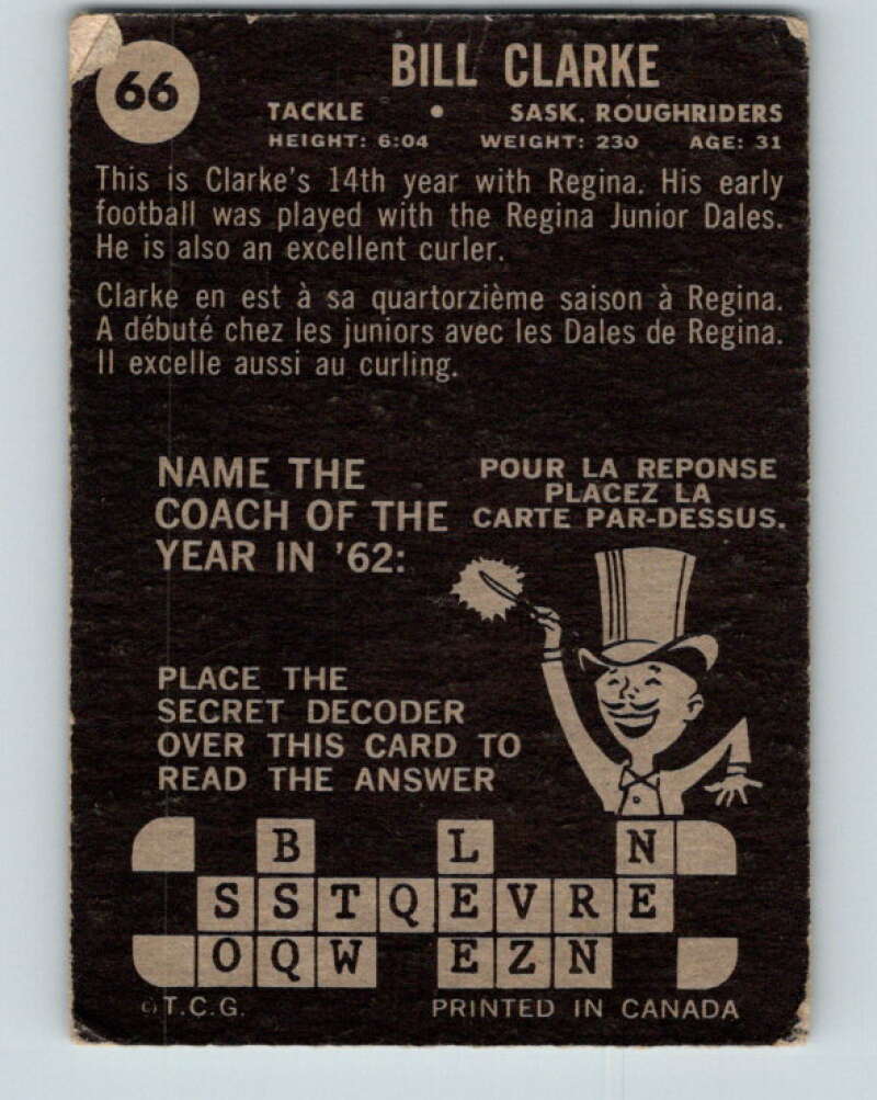 1964 Topps CFL Football #66 Bill Clarke, Sask. Roughriders V32773