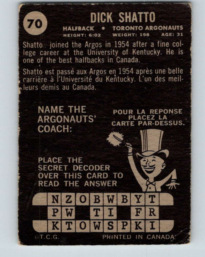 1964 Topps CFL Football #70 Dick Shatto, Toronto Argonauts V32775