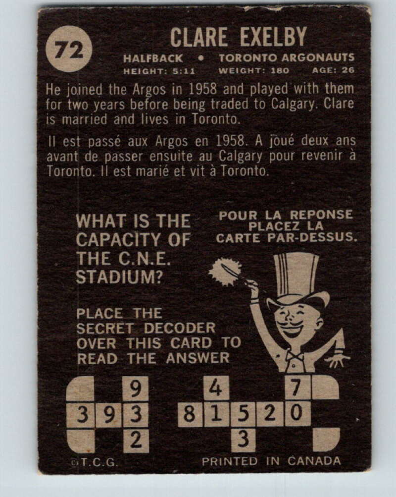 1964 Topps CFL Football #72 Clare Exelby, Toronto Argonauts V32776