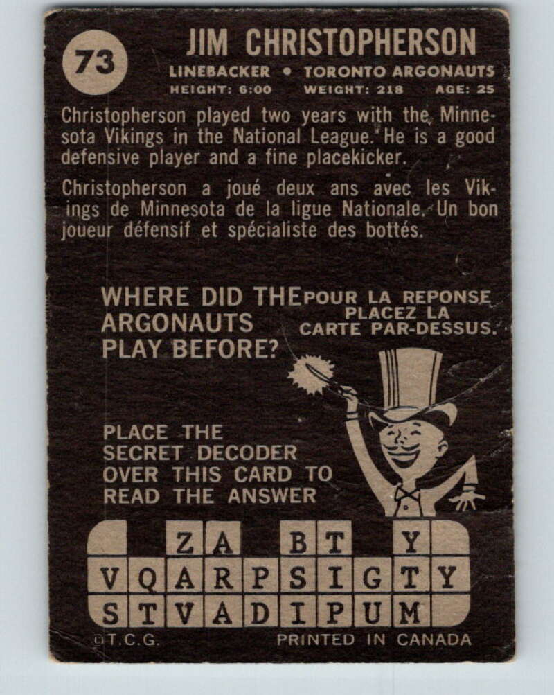 1964 Topps CFL Football #73 Jim Christopherson, Toronto Argonauts V32777