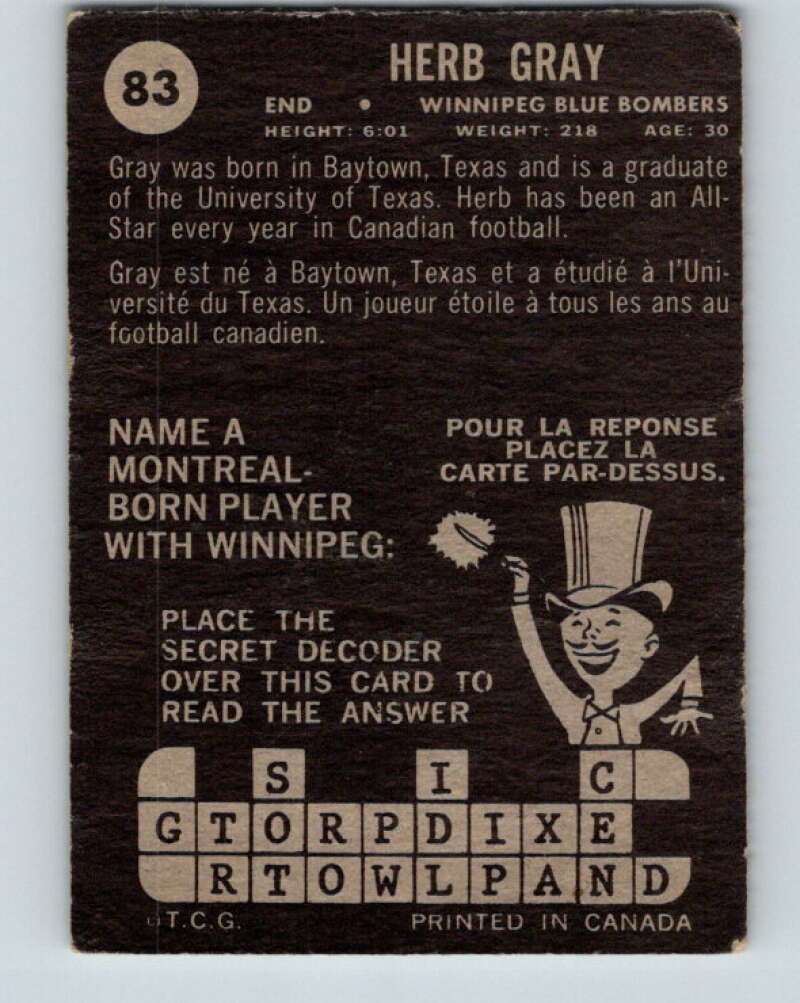 1964 Topps CFL Football #83 Herb Gray, Winnipeg Blue Bombers V32782