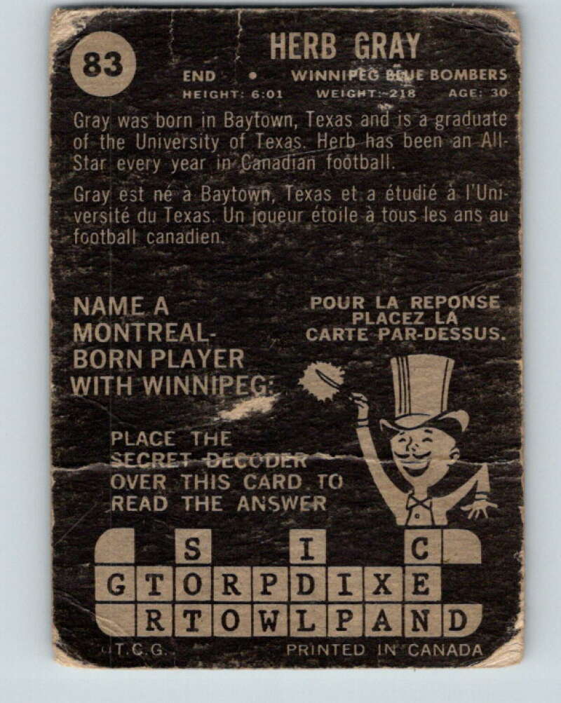 1964 Topps CFL Football #83 Herb Gray, Winnipeg Blue Bombers V32783