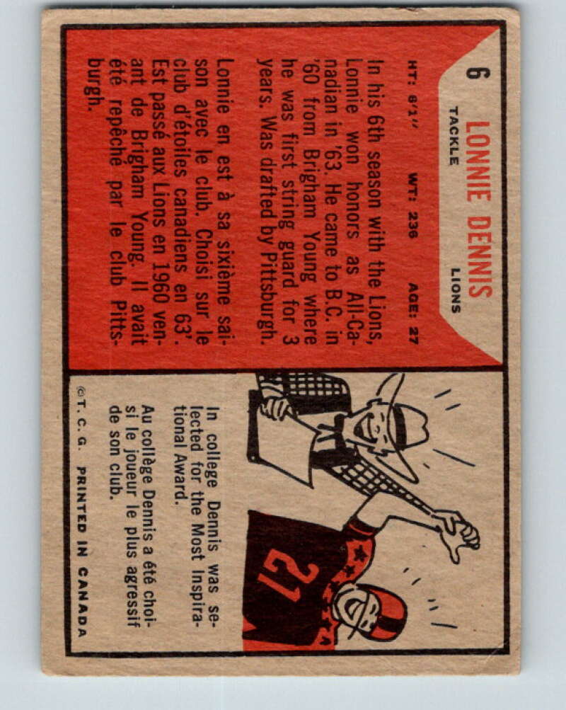 1965 Topps CFL Football #6 Lonnie Dennis, British Columbia Lions V32790