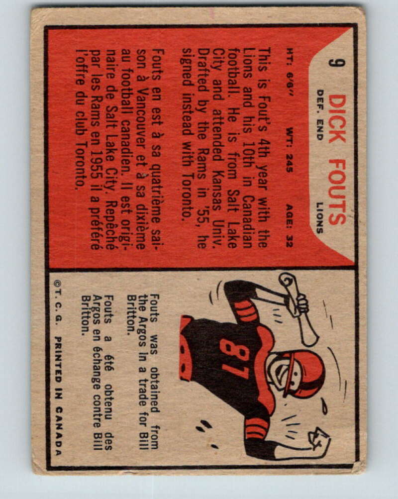 1965 Topps CFL Football #9 Dick Fouts, B.C.Lions V32792