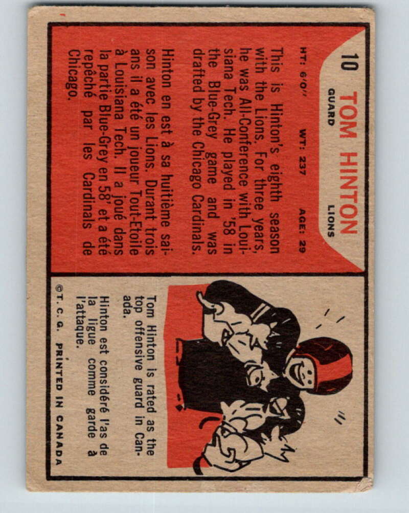 1965 Topps CFL Football #10 Tom Hinton, British Columbia Lions V32793