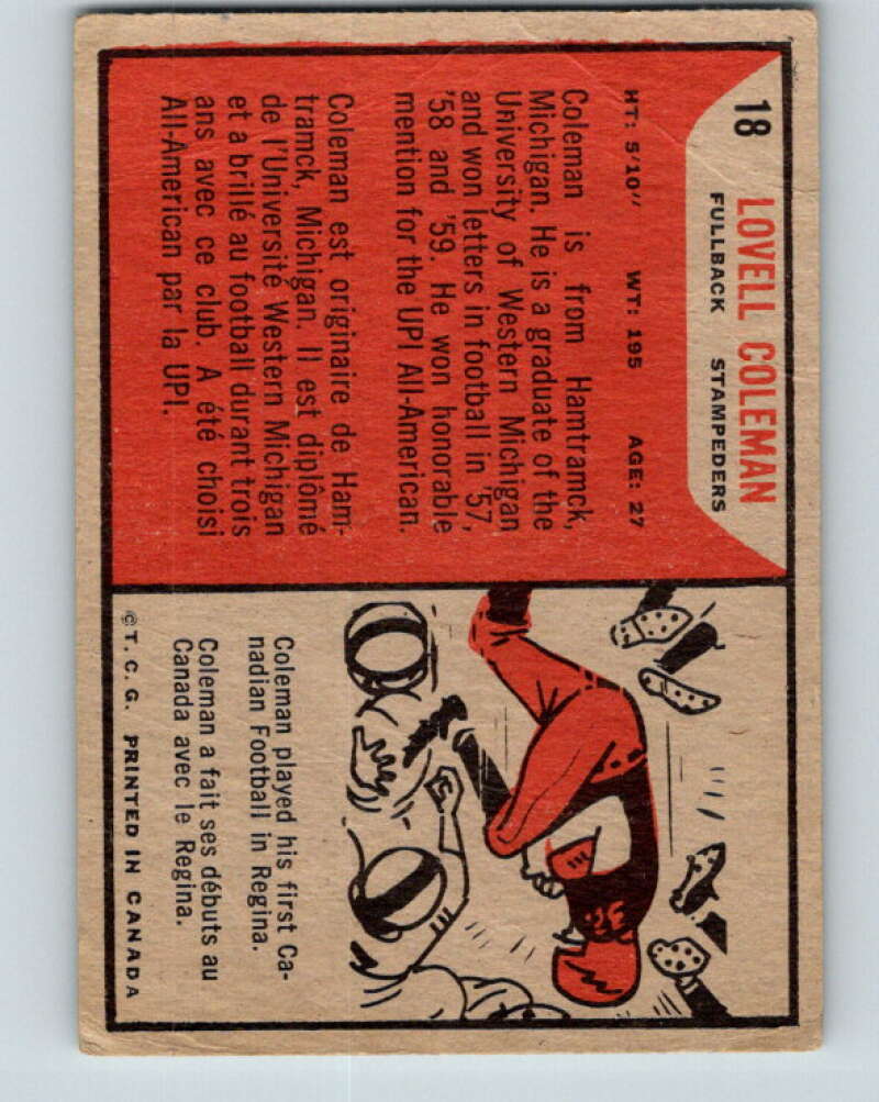 1965 Topps CFL Football #18 Lovell Coleman, Calgary Stampeders V32795