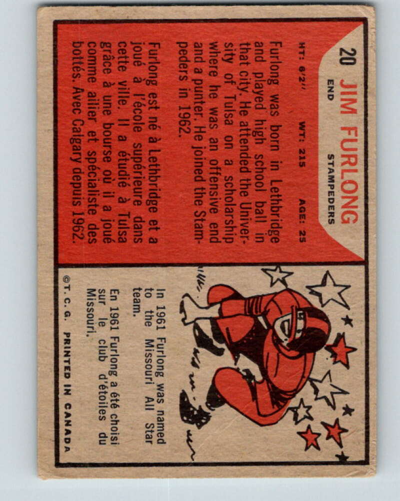 1965 Topps CFL Football #20 Jim Furlong, Calgary Stampeders V32797
