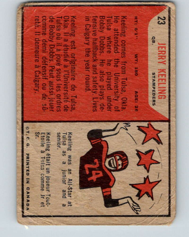 1965 Topps CFL Football #23 Jerry Keeling, Calgary Stampeders V32799
