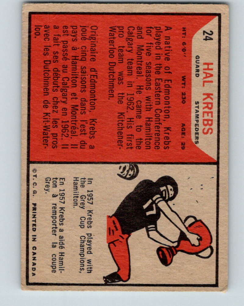 1965 Topps CFL Football #24 Hal Krebs, Calgary Stampeders V32802