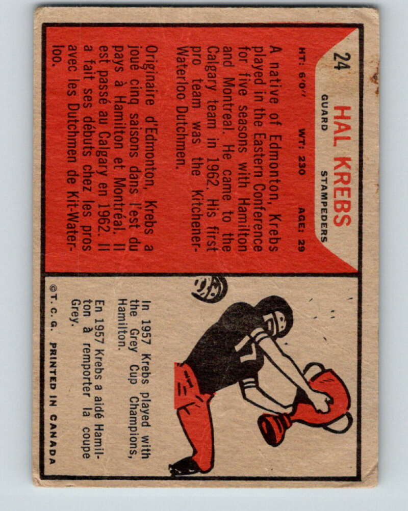 1965 Topps CFL Football #24 Hal Krebs, Calgary Stampeders V32803