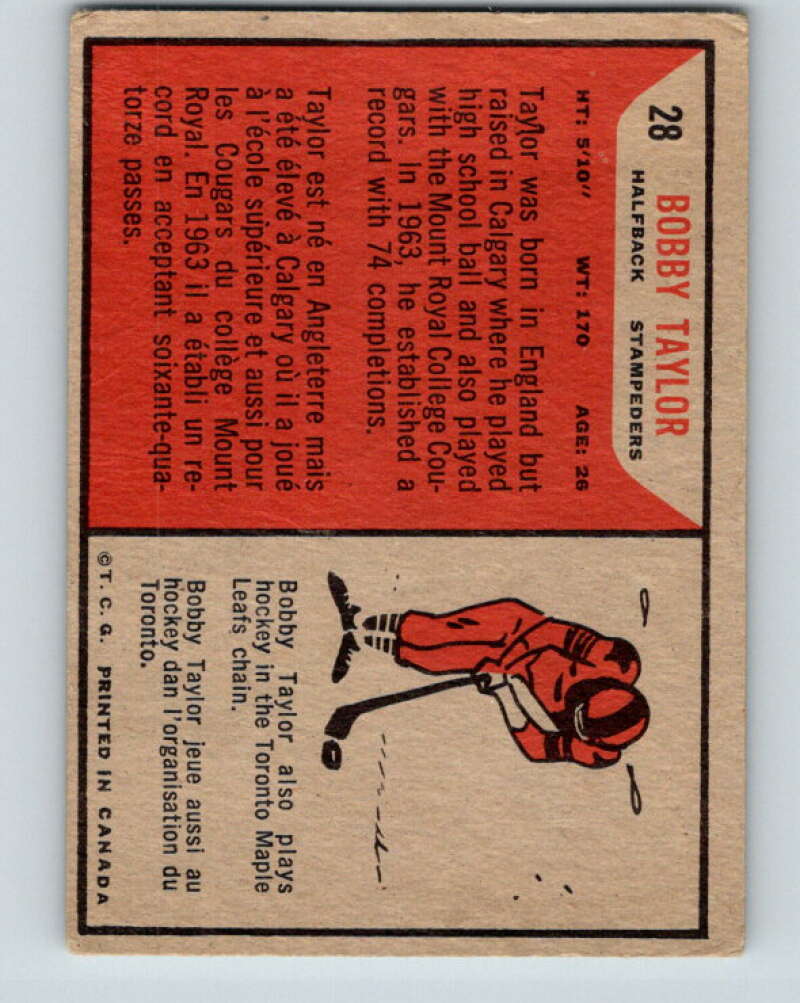 1965 Topps CFL Football #28 Bobby Taylor, Calgary Stampeders V32805