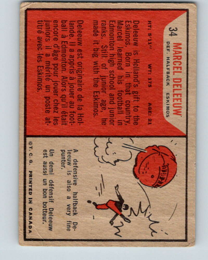 1965 Topps CFL Football #34 Marcel Deleeuw, Edmonton Eskimos V32807