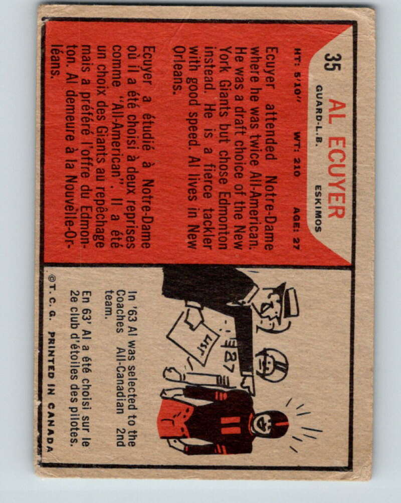 1965 Topps CFL Football #35 Al Ecuyer, Edmonton Eskimos V32808