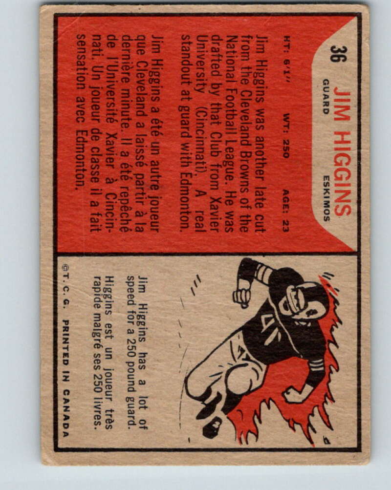 1965 Topps CFL Football #36 Jim Higgins, Edmonton Eskimos V32809
