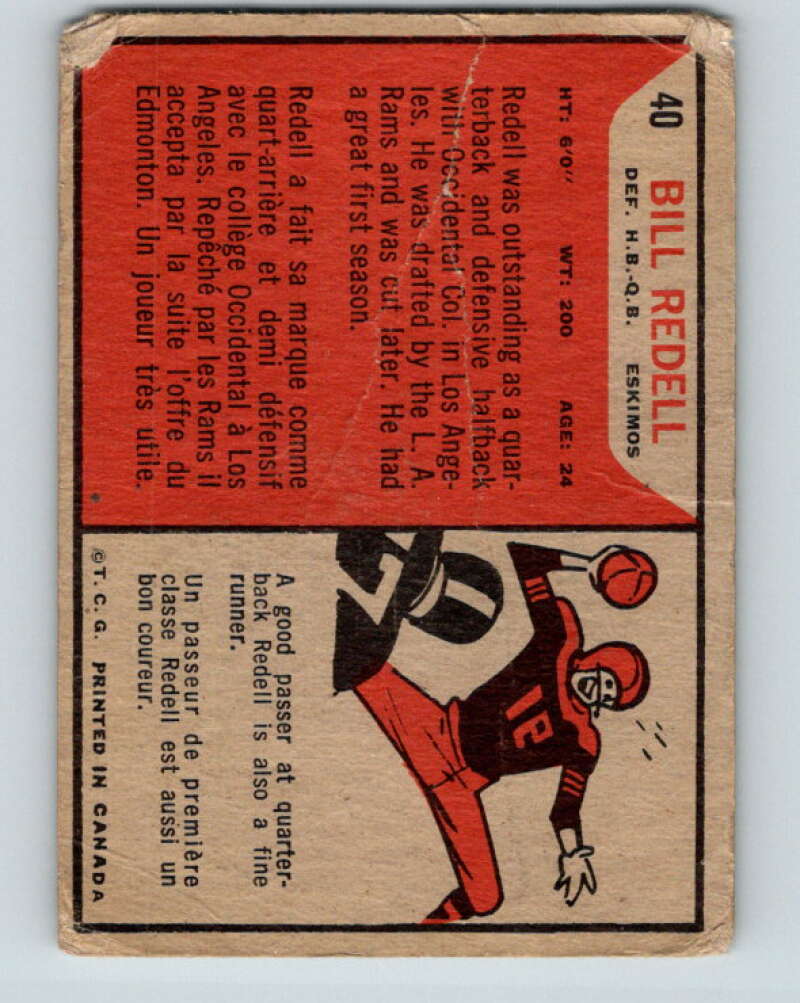 1965 Topps CFL Football #40 Bill Redell, Edmonton Eskimos V32810