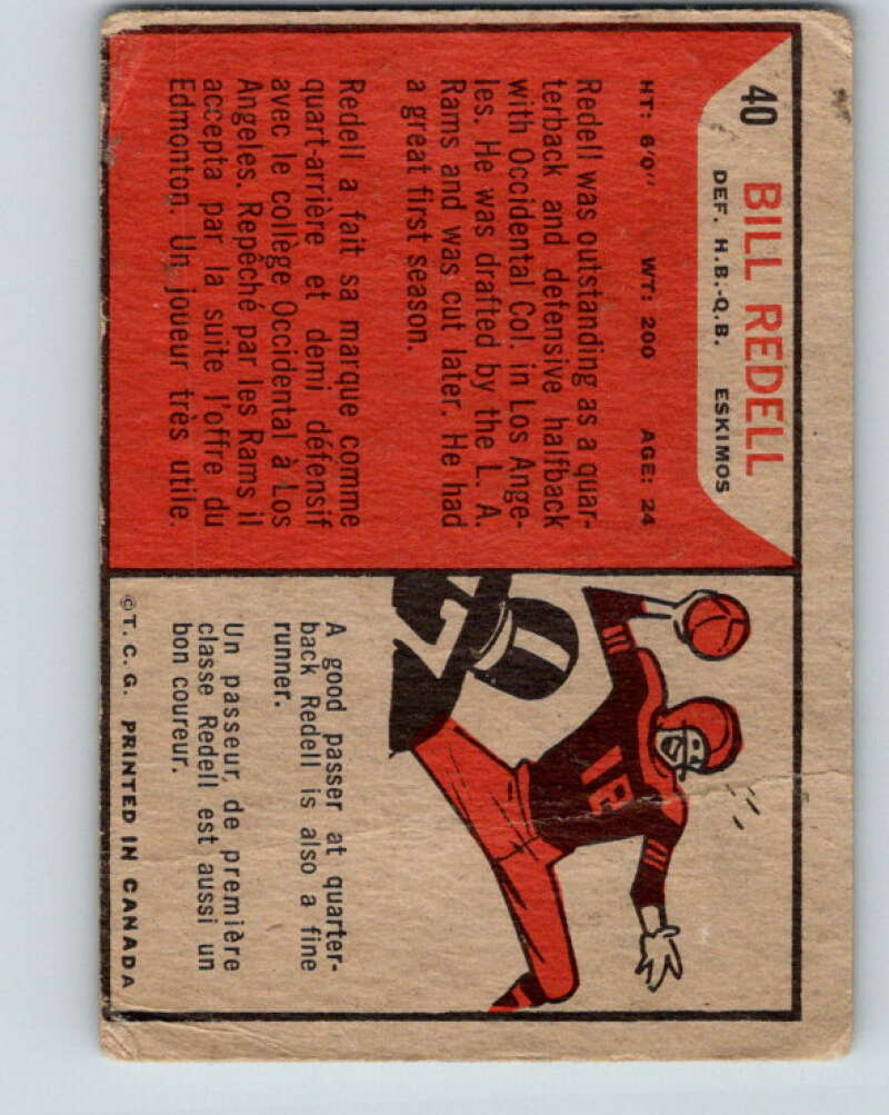 1965 Topps CFL Football #40 Bill Redell, Edmonton Eskimos V32811