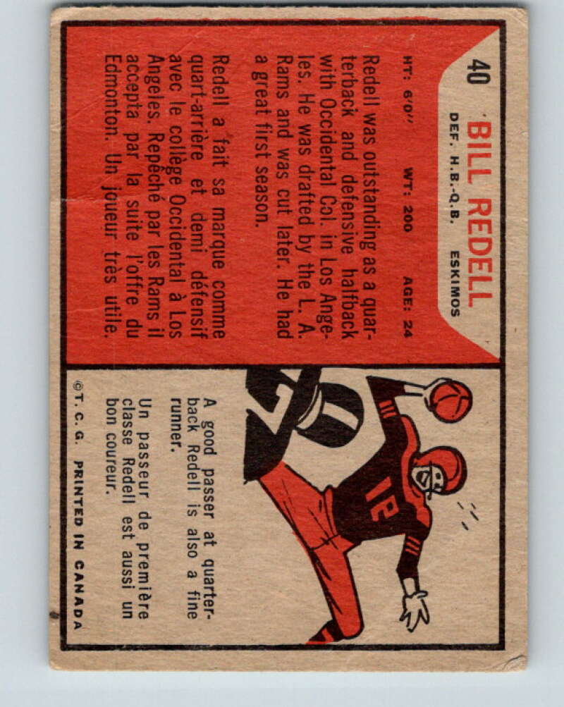 1965 Topps CFL Football #40 Bill Redell, Edmonton Eskimos V32812