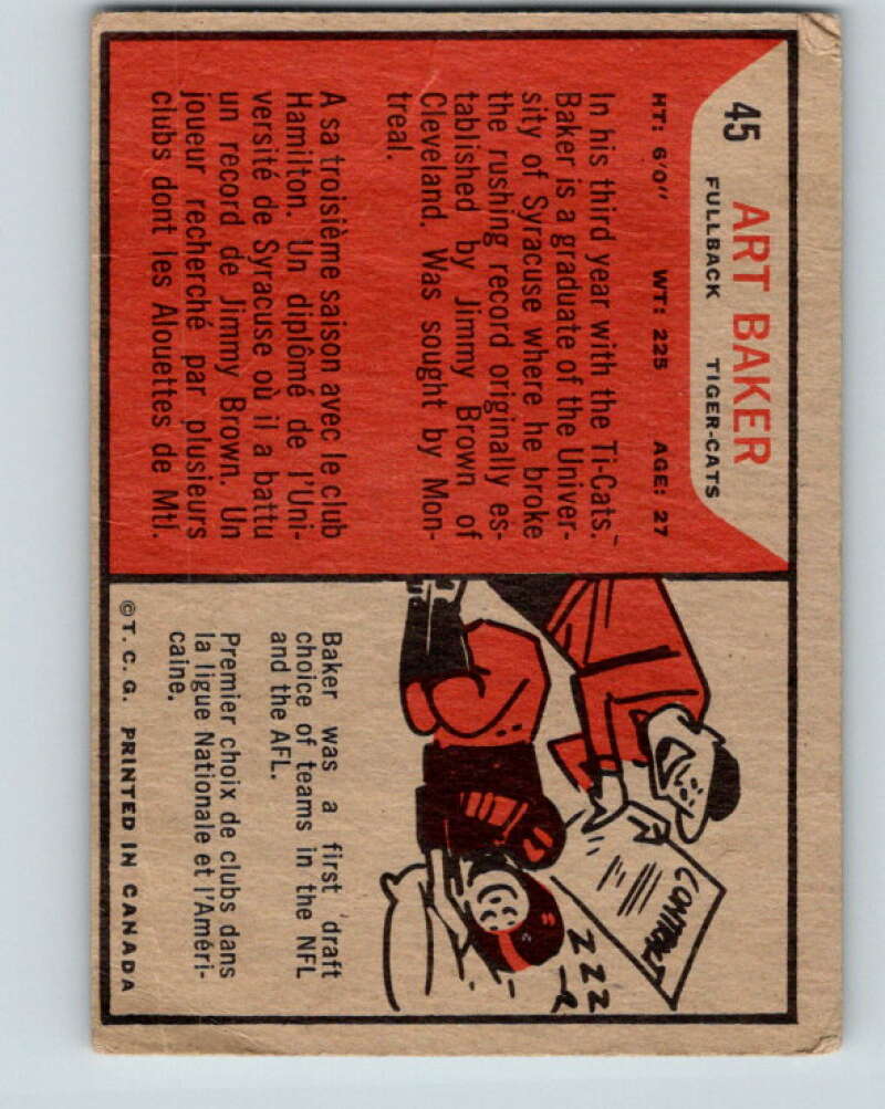 1965 Topps CFL Football #45 Art Baker, Hamilton Tiger Cats V32815