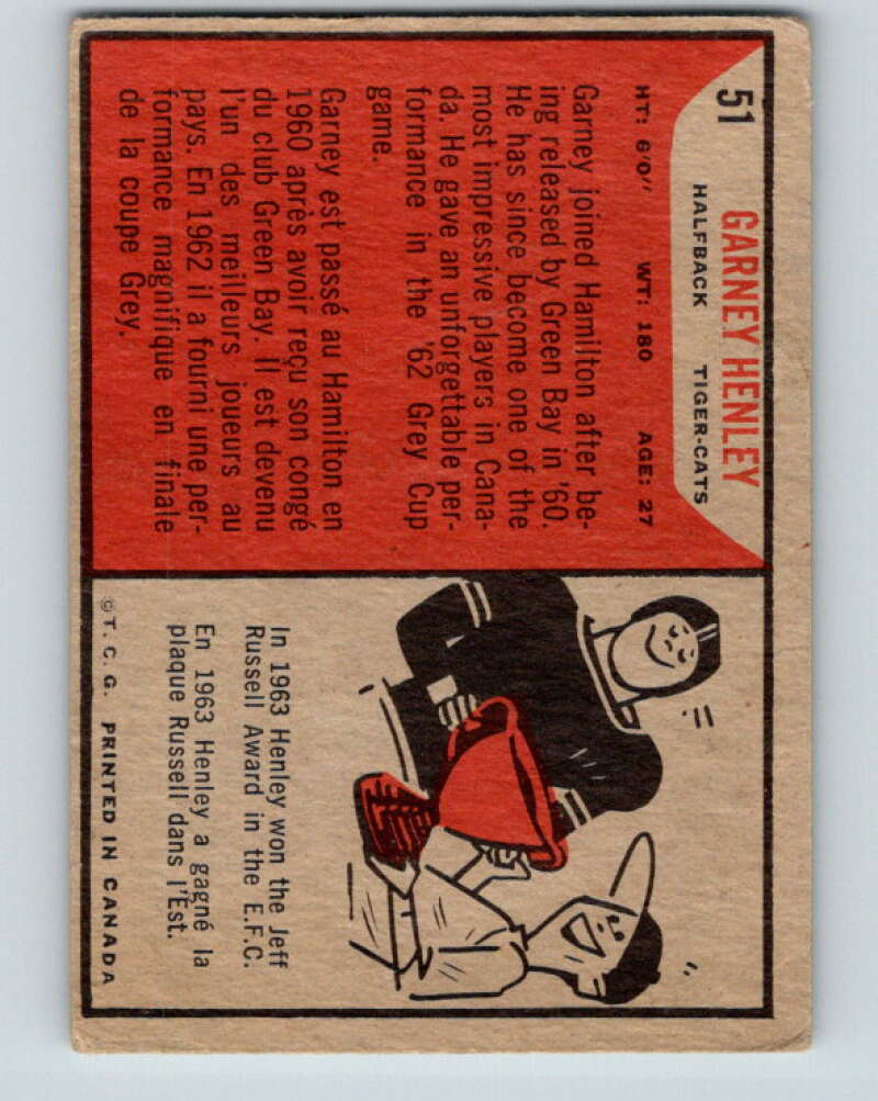 1965 Topps CFL Football #51 Garney Henley, Hamilton Tiger Cats V32821