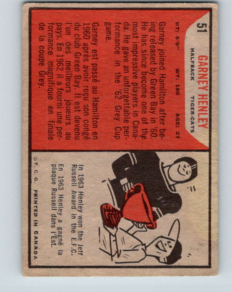 1965 Topps CFL Football #51 Garney Henley, Hamilton Tiger Cats V32822