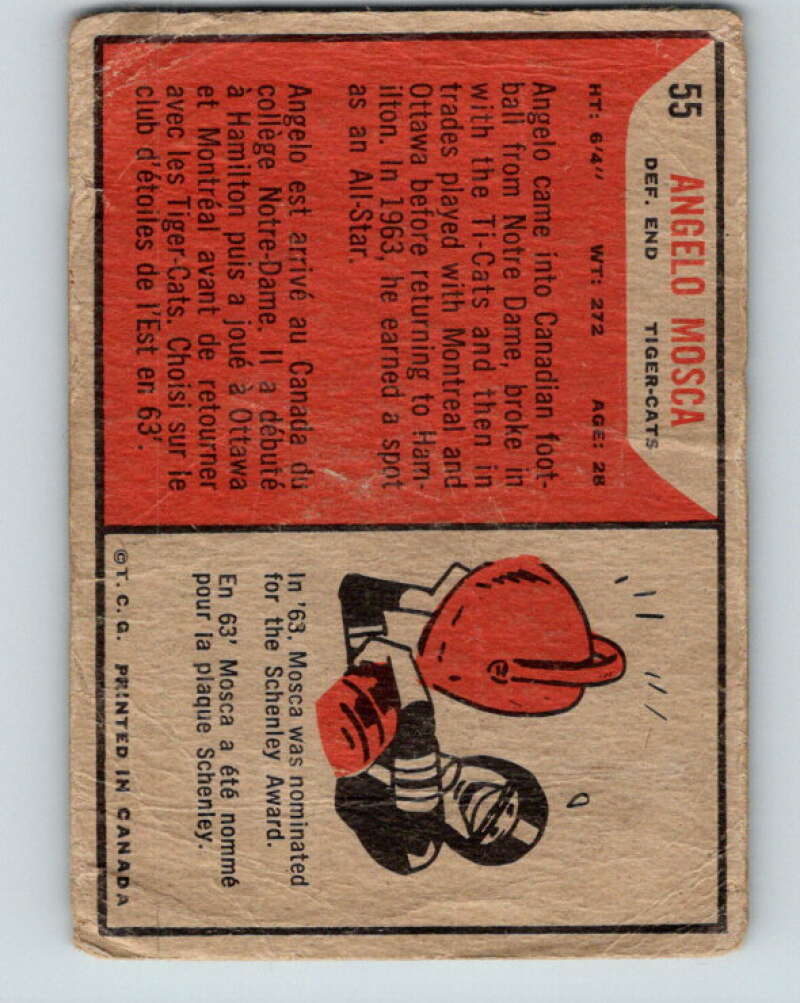 1965 Topps CFL Football #55 Angelo Mosca, Hamilton Tiger Cats V32825