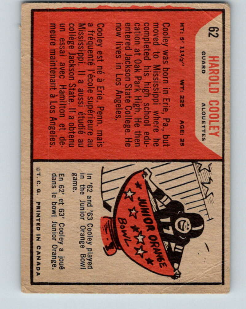 1965 Topps CFL Football #62 Harold Cooley, Montreal Alouettes V32827