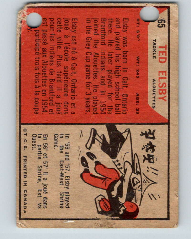 1965 Topps CFL Football #65 Ted Elsby, Montreal Alouettes V32828