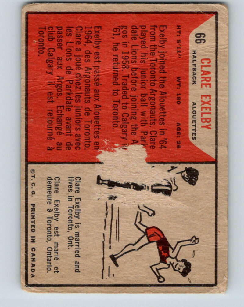 1965 Topps CFL Football #66 Clare Exelby, Montreal Alouettes V32829