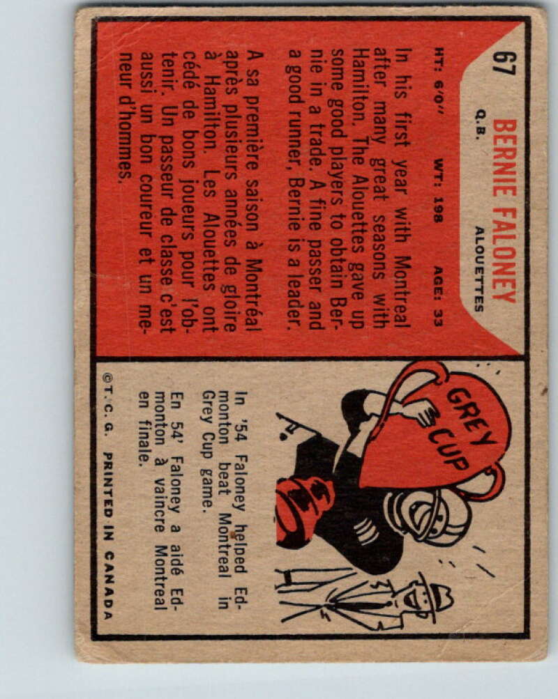 1965 Topps CFL Football #67 Bernie Faloney, Montreal Alouettes V32830