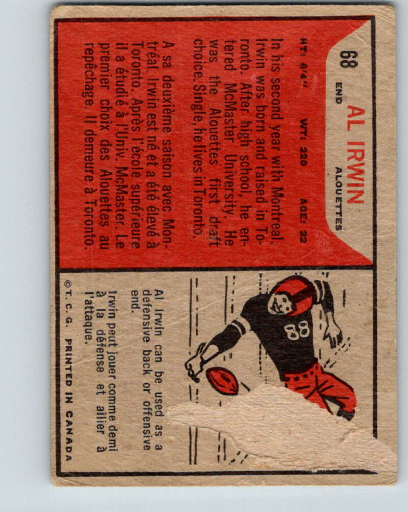 1965 Topps CFL Football #68 Al Irwin, Montreal Alouettes V32831