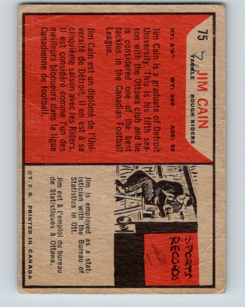 1965 Topps CFL Football #75 Jim Cain, Ottawa Rough Riders V32833
