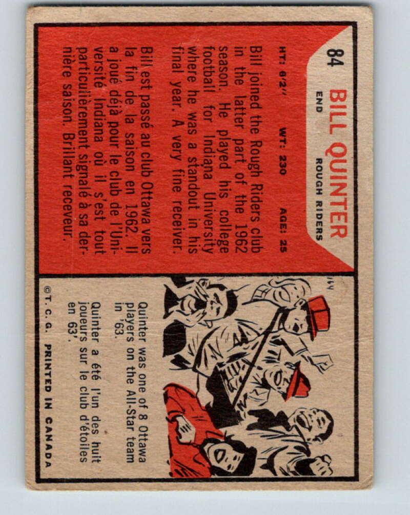 1965 Topps CFL Football #84 Bill Quinter, Ottawa Rough Riders V32837