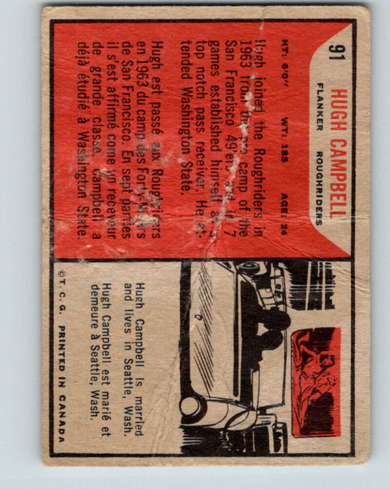 1965 Topps CFL Football #91 Hugh Campbell, Sask. Roughriders V32839