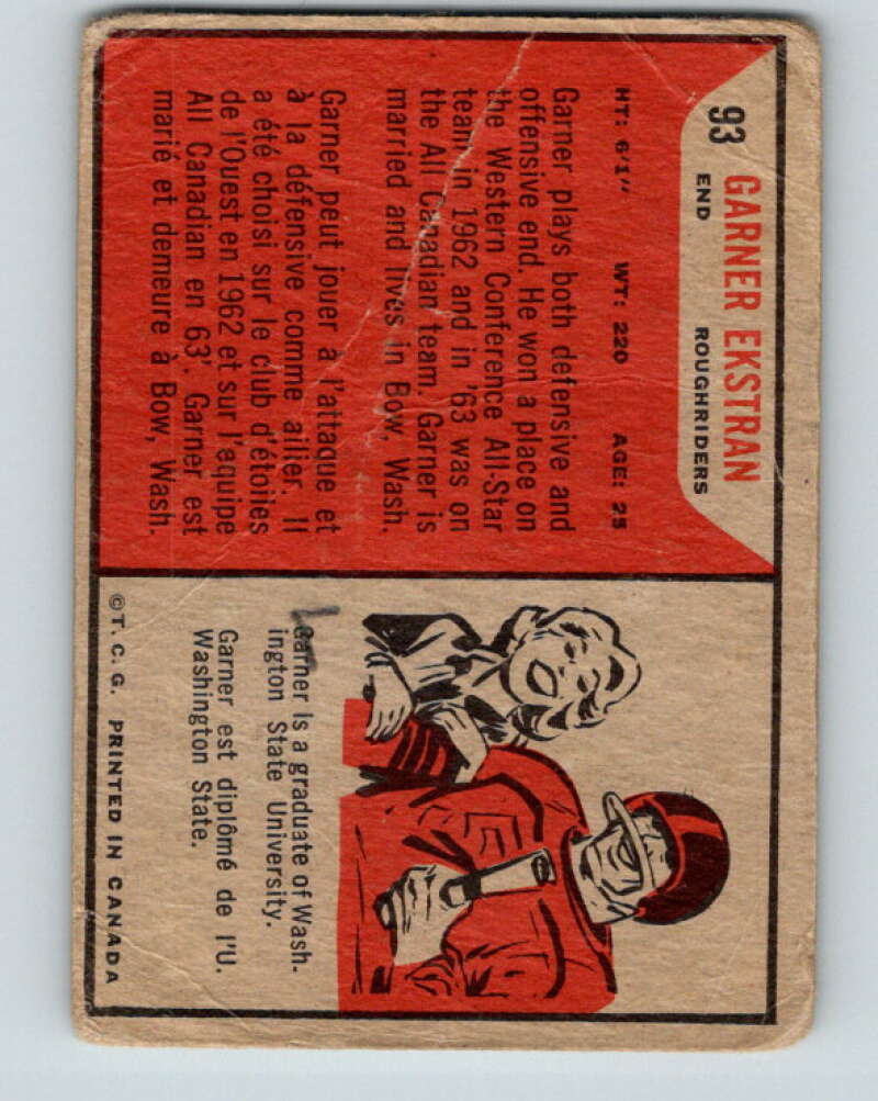 1965 Topps CFL Football #93 Garner Ekstran, Sask. Roughriders V32841