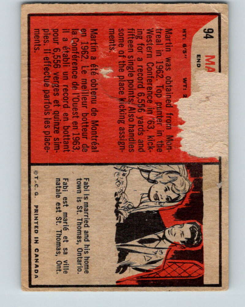 1965 Topps CFL Football #94 Martin Fabi, Sask. Roughriders V32842