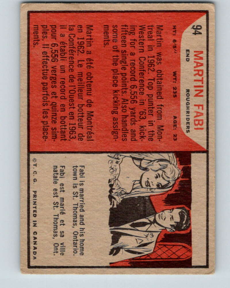 1965 Topps CFL Football #94 Martin Fabi, Sask. Roughriders V32843