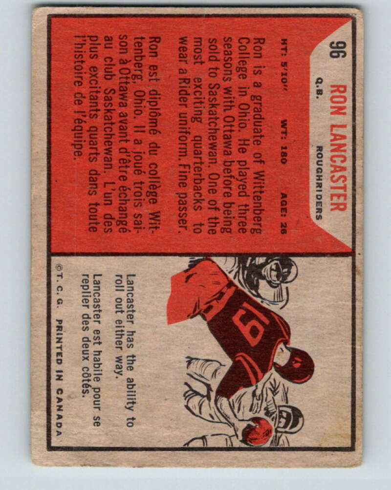 1965 Topps CFL Football #96 Ron Lancaster, Sask. Roughridres V32845