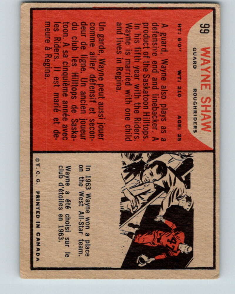 1965 Topps CFL Football #99 Wayne Shaw, Sask. Roughriders V32846