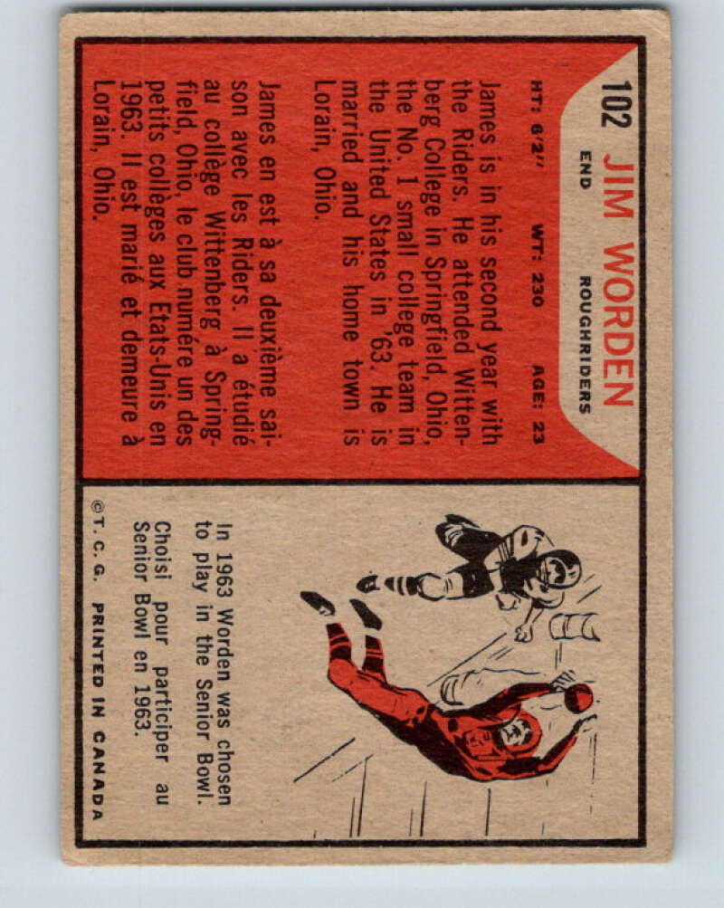 1965 Topps CFL Football #102 Jim Worden, Sask. Roughriders V32847